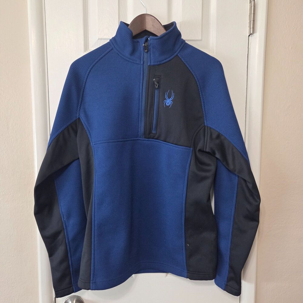 Spyder Quarter Zip Pullover Men's M Blue Black Waffle Fleece Ski Midlayer